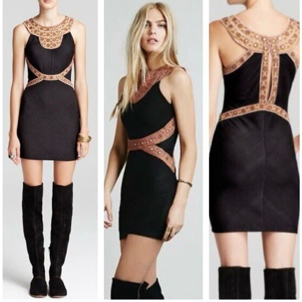 Free People Egyptian Nefertiti Embellished Black Mini Dress Women's Small